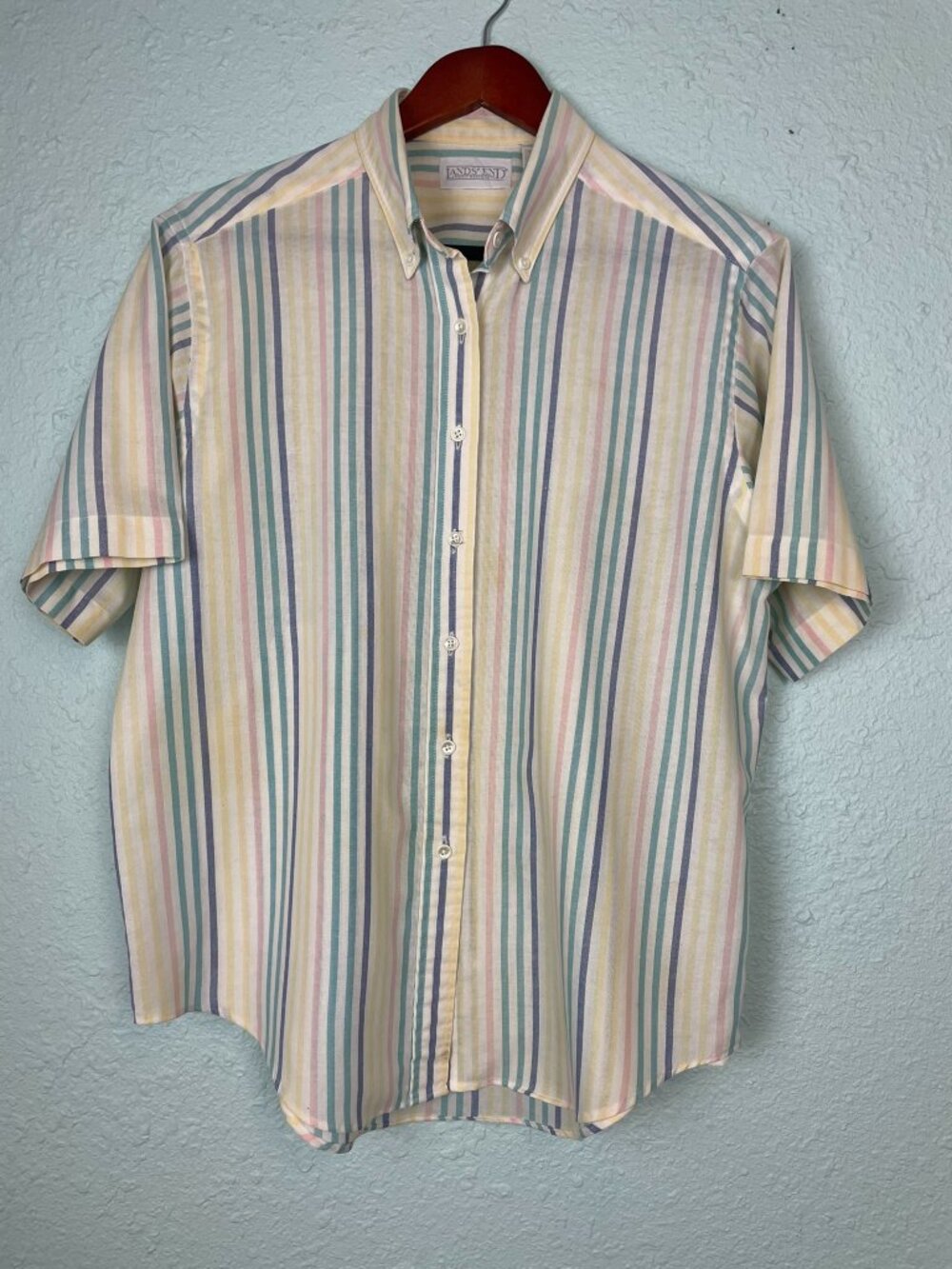 Lands End Womens Regular 14 Short Sleeve Striped Button Up Shirt Multi Color 213